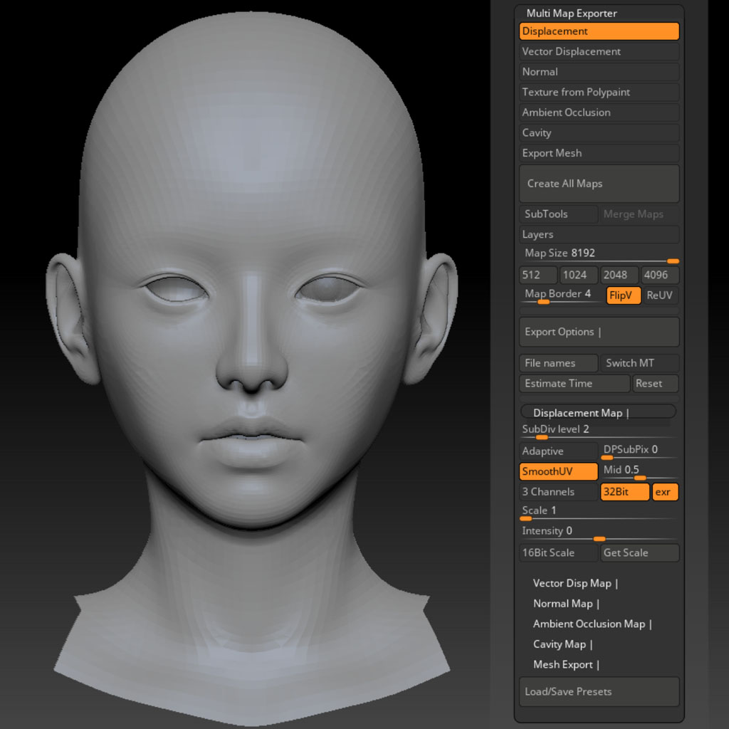 Displacement Map Export Options